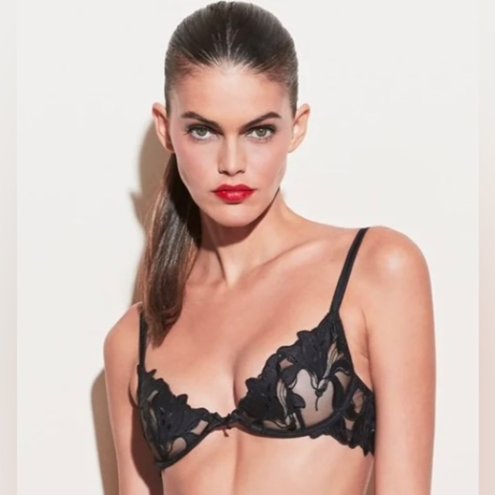 Fleur du Mal Black Lily Embroidery Plunge Demi Bra 34DD